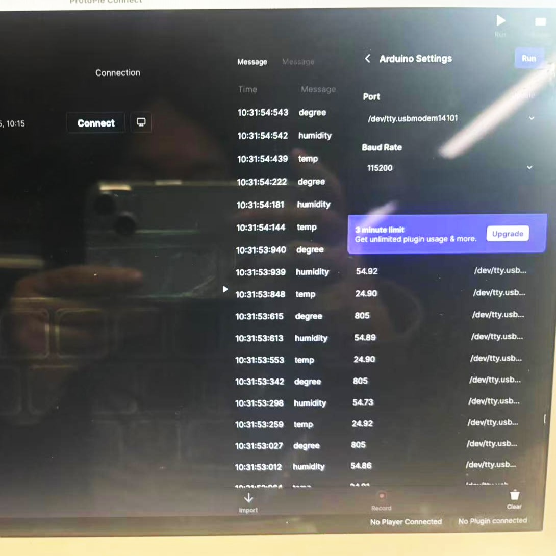 Arduino successfully sent sensor readings via serial connection, and ProtoPie is parsing and displaying them.