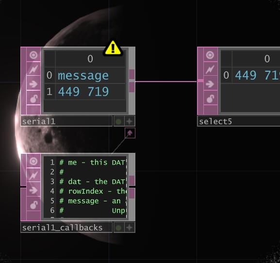 Once the code is written and connected, the Arduino transmits data to the TD system from here. Two sets of data—from the knob and the light intensity sensor—vary in real time and influence the effect (with possible minor fluctuations).